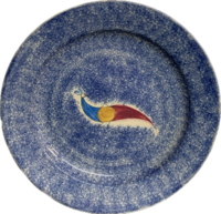 Blue Spatterware Plate with Three Color Peafowl
