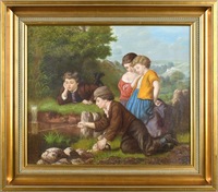 O/C Group Portrait Four Children by a Stream